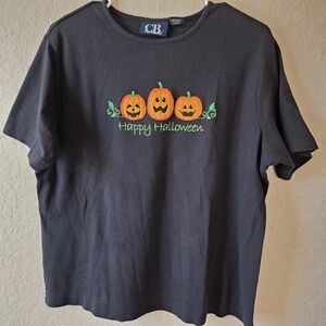 CB Casual Happy Halloween Pumpkin Embroidered Applique Shirt Womens XL
